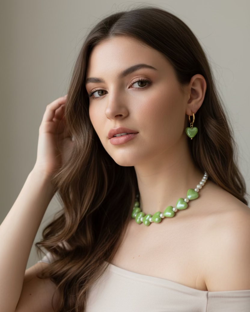 Ceramic Heart Choker and Earrings with Natural Pearl