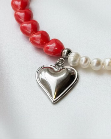 Red Ceramic Heart Choker & Earrings Set with Pearl & Heart Pendant