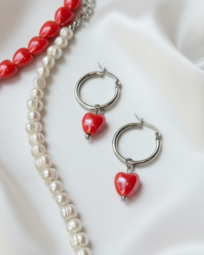 Red Ceramic Heart Choker & Earrings Set with Pearl & Heart Pendant