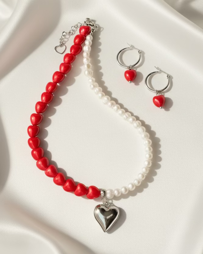 Red Ceramic Heart Choker & Earrings Set with Pearl & Heart Pendant