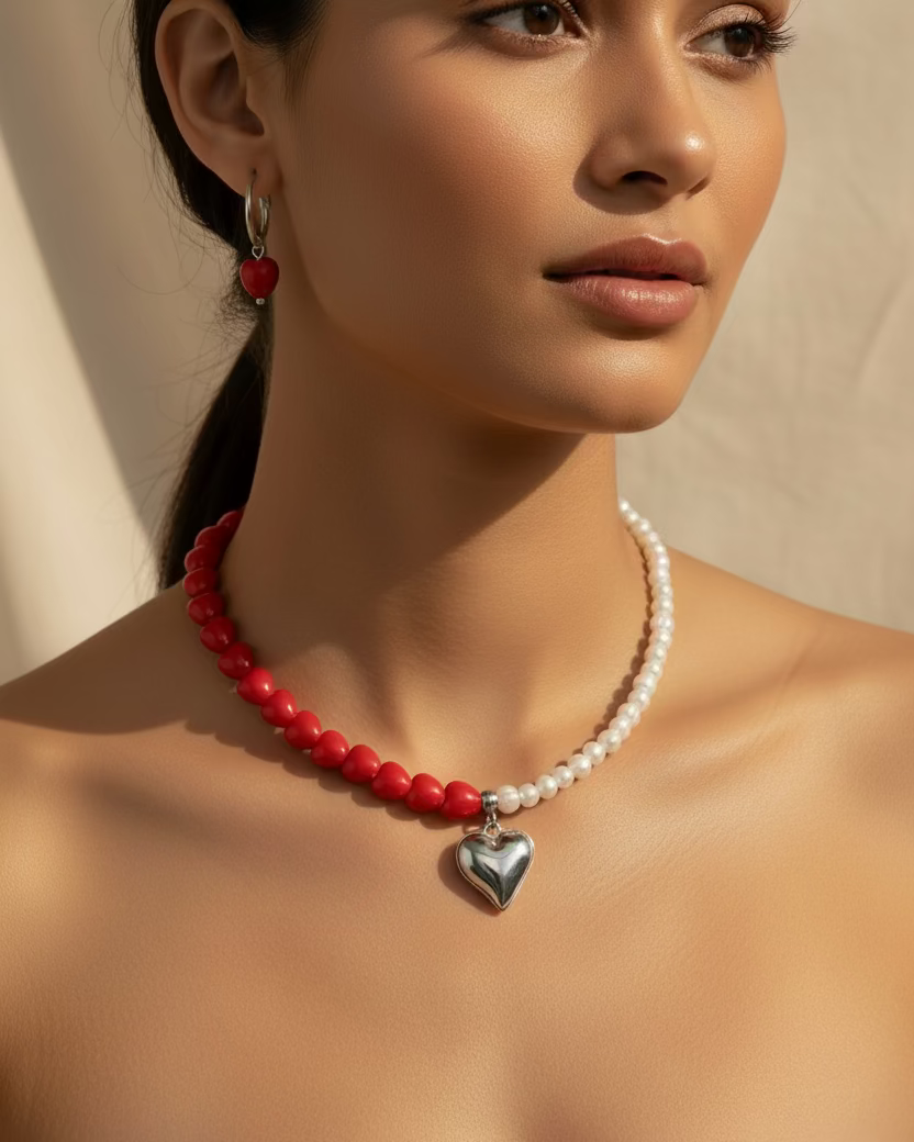 Red Ceramic Heart Choker & Earrings Set with Pearl & Heart Pendant