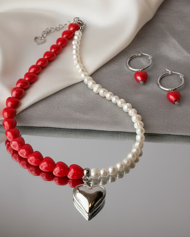 Red Ceramic Heart Choker & Earrings Set with Pearl & Heart Pendant