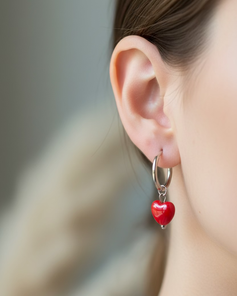 Red Ceramic Heart Choker & Earrings Set with Pearl & Heart Pendant
