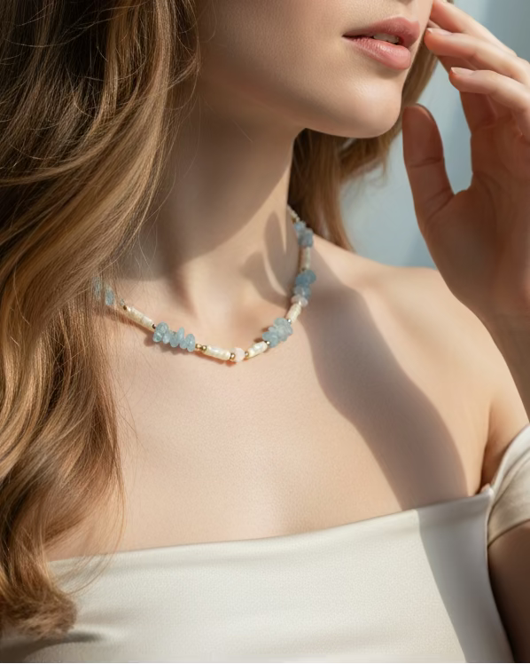 Aquamarine, Mother of Pearl and Pink Shell Heart Choker – Soft Ocean Inspired Necklace