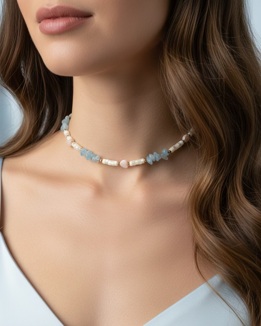 Aquamarine, Mother of Pearl and Pink Shell Heart Choker – Soft Ocean Inspired Necklace