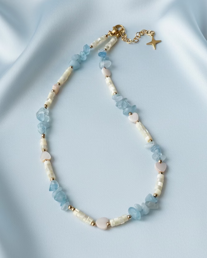 Aquamarine, Mother of Pearl and Pink Shell Heart Choker – Soft Ocean Inspired Necklace