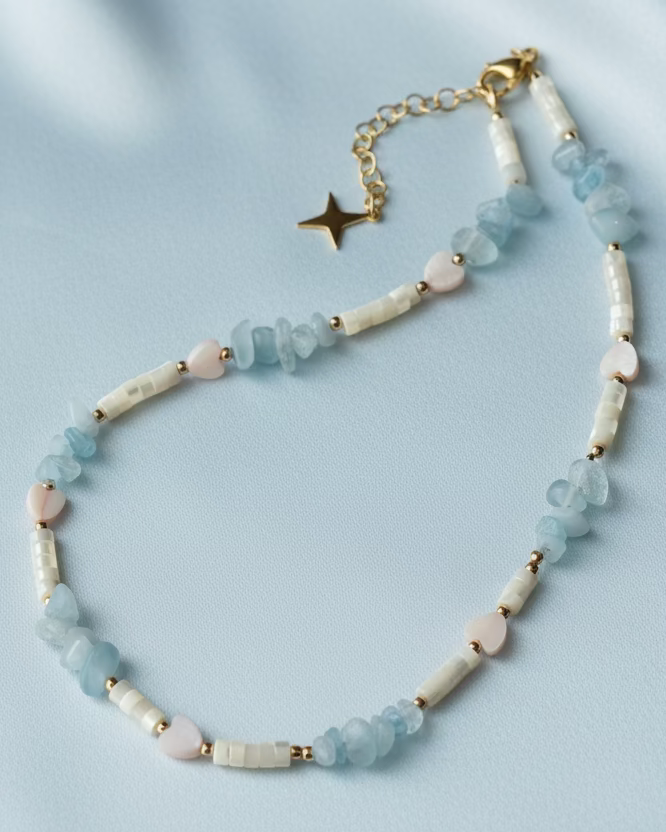 Aquamarine, Mother of Pearl and Pink Shell Heart Choker – Soft Ocean Inspired Necklace
