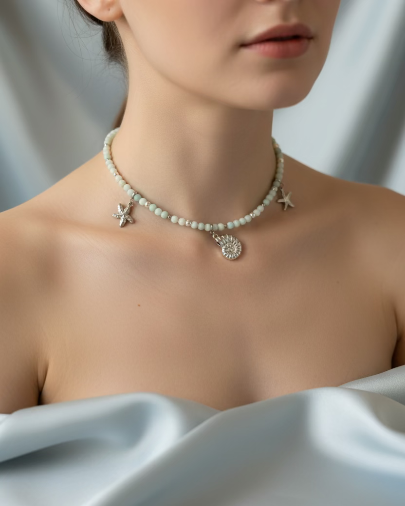 Amazonite Choker with Shell & Starfish Charms – Handmade Ocean-Inspired Gemstone Jewelry