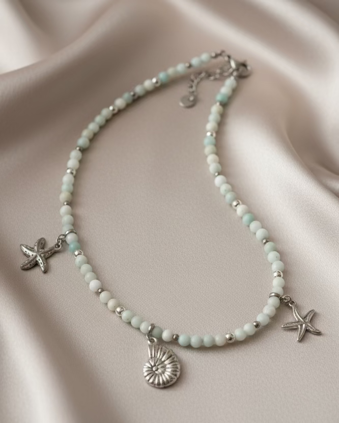 Amazonite Choker with Shell & Starfish Charms – Handmade Ocean-Inspired Gemstone Jewelry