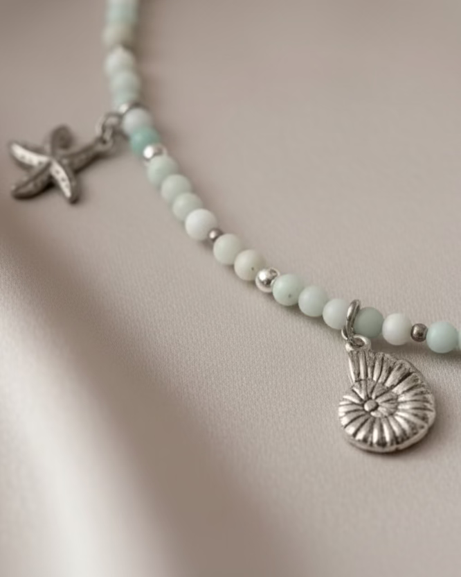Amazonite Choker with Shell & Starfish Charms – Handmade Ocean-Inspired Gemstone Jewelry