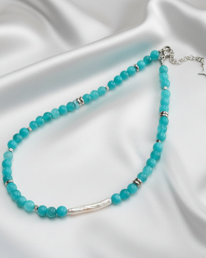 Blue Tourmaline Choker with Natural Pearl | Handmade Gemstone Jewelry