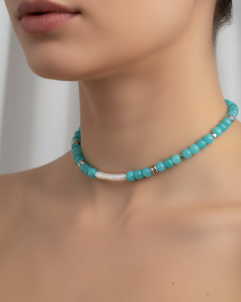 Blue Tourmaline Choker with Natural Pearl | Handmade Gemstone Jewelry