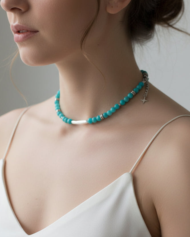 Blue Tourmaline Choker with Natural Pearl | Handmade Gemstone Jewelry