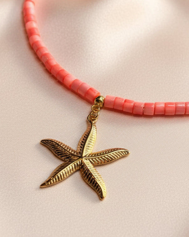 Bright Orange Mother of Pearl Choker with Starfish Pendant – Summer Ocean Inspired Necklace