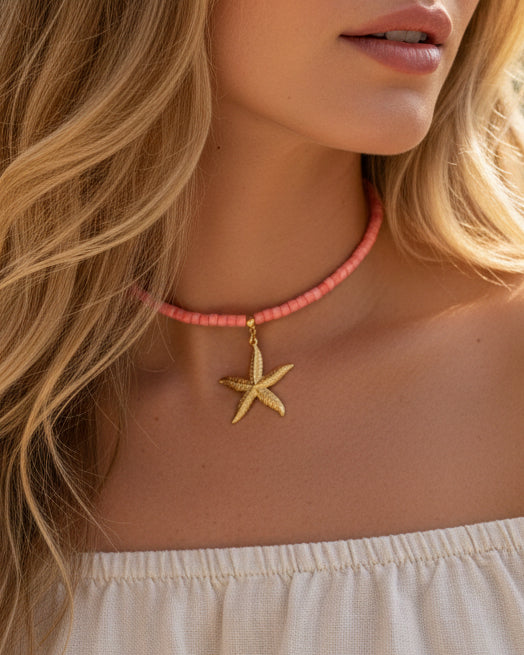 Bright Orange Mother of Pearl Choker with Starfish Pendant – Summer Ocean Inspired Necklace