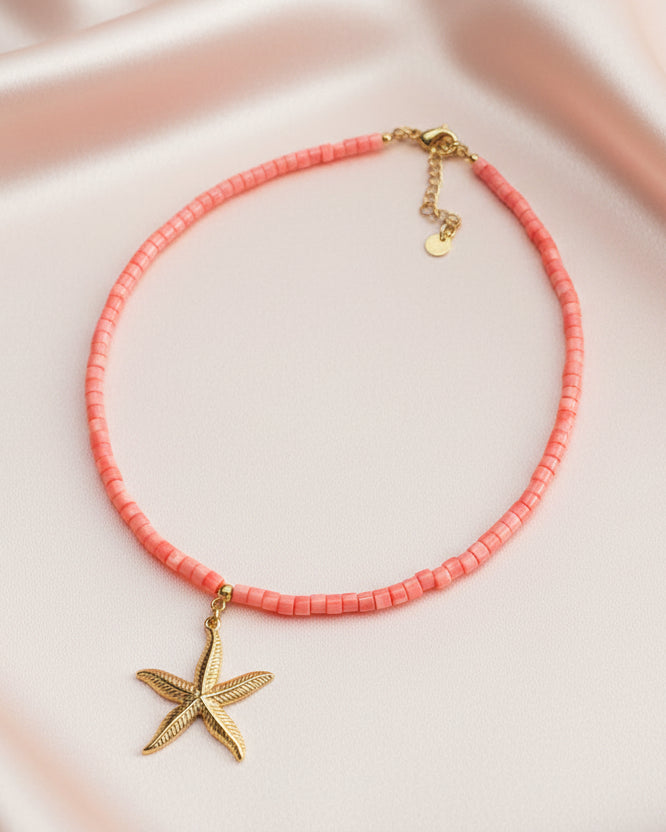 Bright Orange Mother of Pearl Choker with Starfish Pendant – Summer Ocean Inspired Necklace