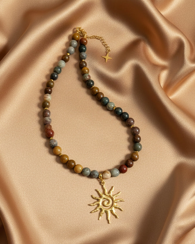 Jasper Choker with Gold Sun Pendant | Handmade Natural Stone Jewelry