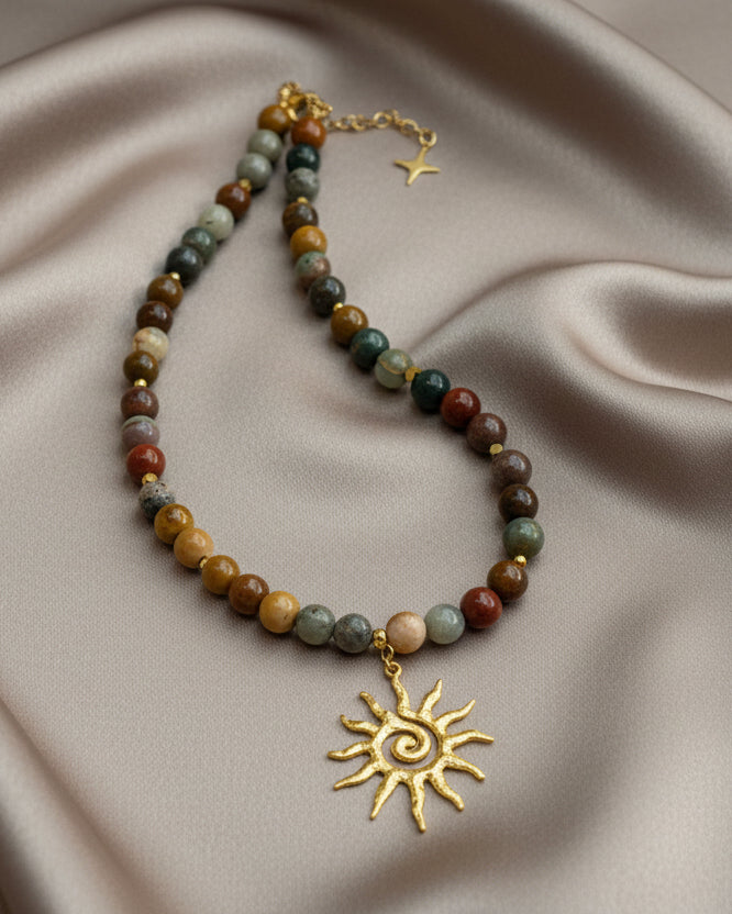 Jasper Choker with Gold Sun Pendant | Handmade Natural Stone Jewelry