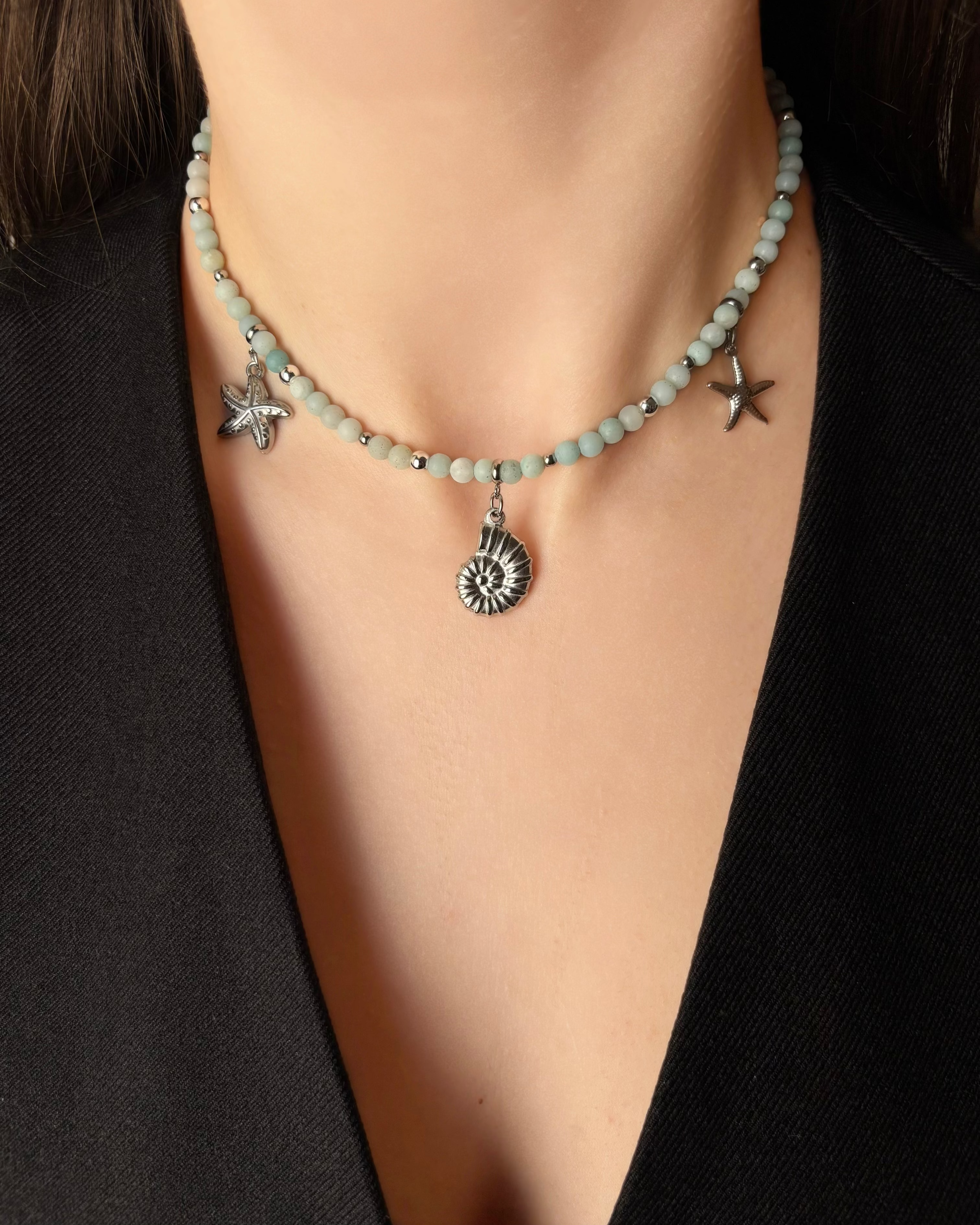 Amazonite Choker with Shell & Starfish Charms – Handmade Ocean-Inspired Gemstone Jewelry