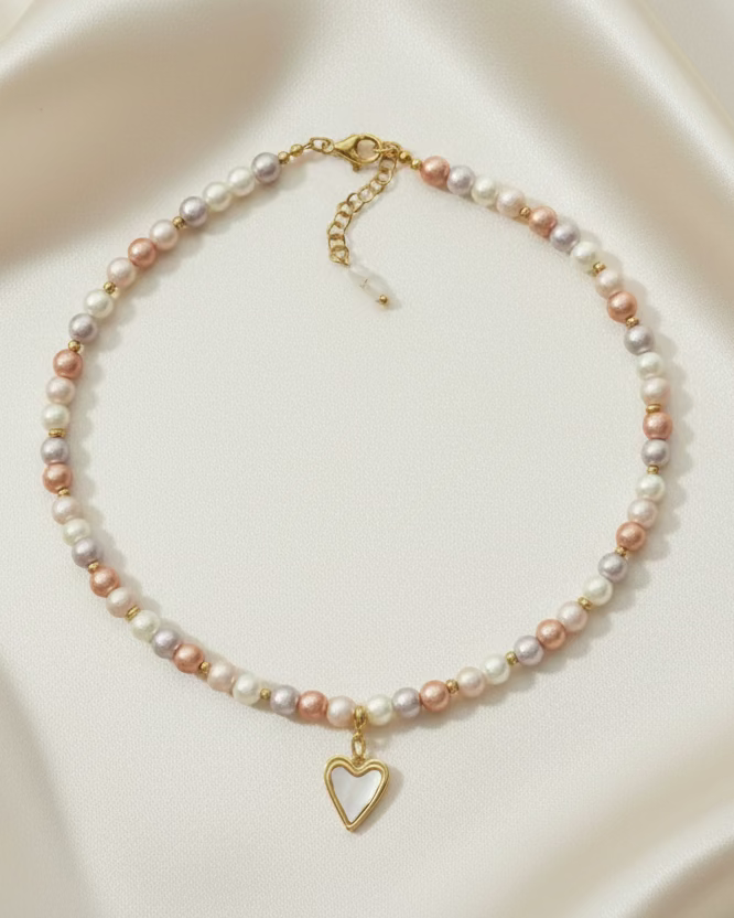Cultured Pearl Choker with Heart Pendant | Natural Stone Jewelry