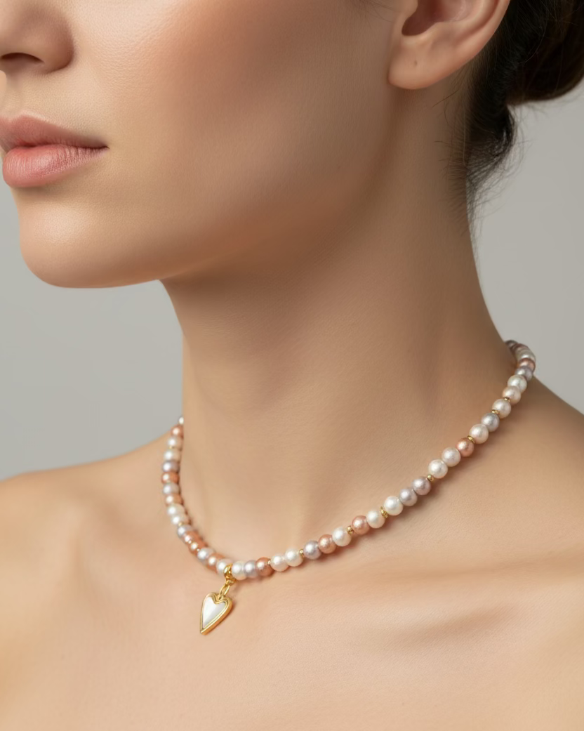 Cultured Pearl Choker with Heart Pendant | Natural Stone Jewelry