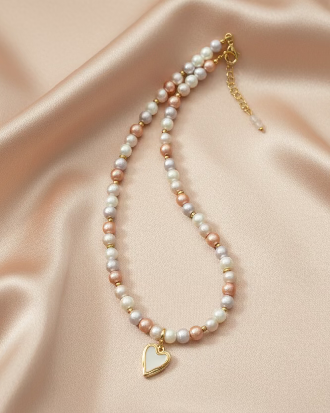 Cultured Pearl Choker with Heart Pendant | Natural Stone Jewelry