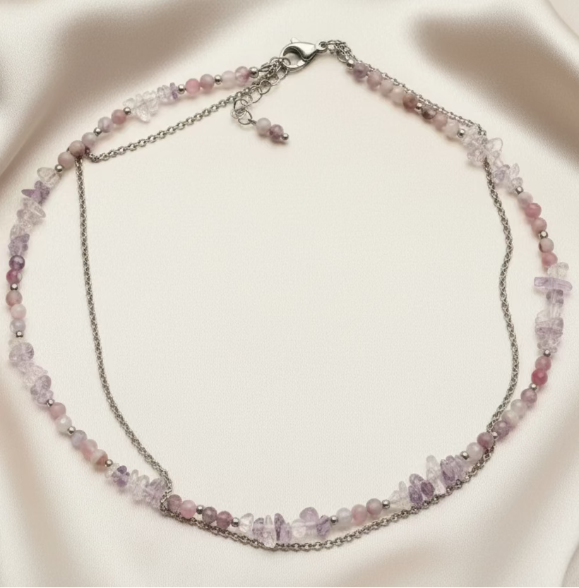 Amethyst & Rhodonite Choker with Stainless Steel Chain | Natural Stone Jewelry
