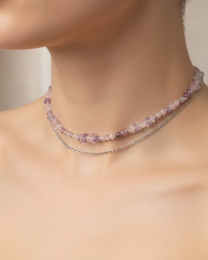 Amethyst & Rhodonite Choker with Stainless Steel Chain | Natural Stone Jewelry