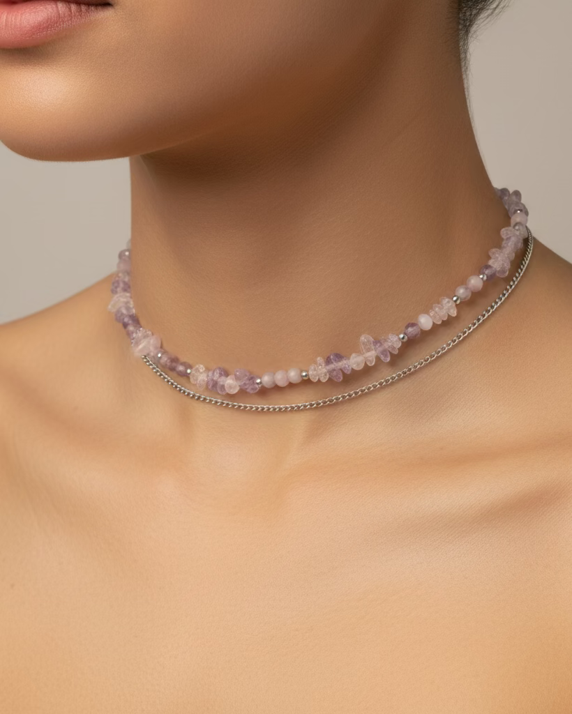 Amethyst & Rhodonite Choker with Stainless Steel Chain | Natural Stone Jewelry