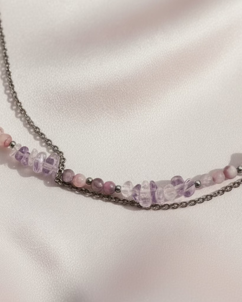 Amethyst & Rhodonite Choker with Stainless Steel Chain | Natural Stone Jewelry