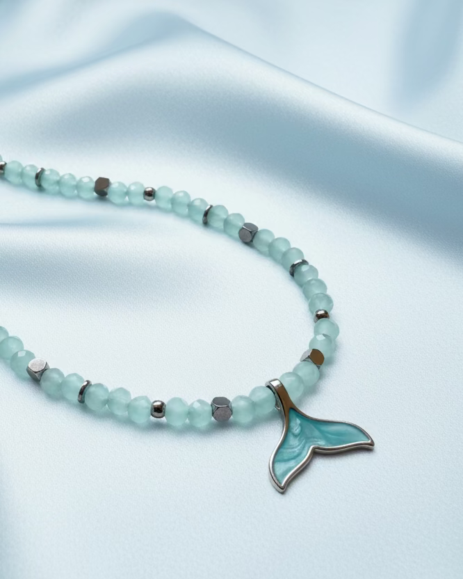 Blue Austrian Crystal Choker with Whale Tail Pendant – Ocean Inspired Handmade Necklace