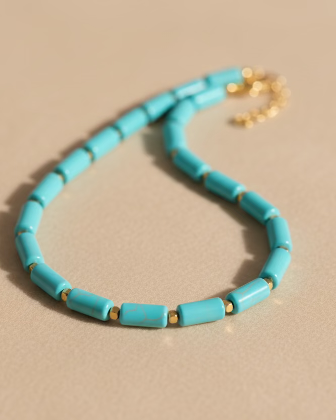 Blue Cylindrical Howlite Choker with Geometric Gold-Tone Stainless Steel Accents – Handmade Gemstone Jewelry