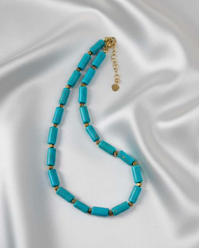 Blue Cylindrical Howlite Choker with Geometric Gold-Tone Stainless Steel Accents – Handmade Gemstone Jewelry