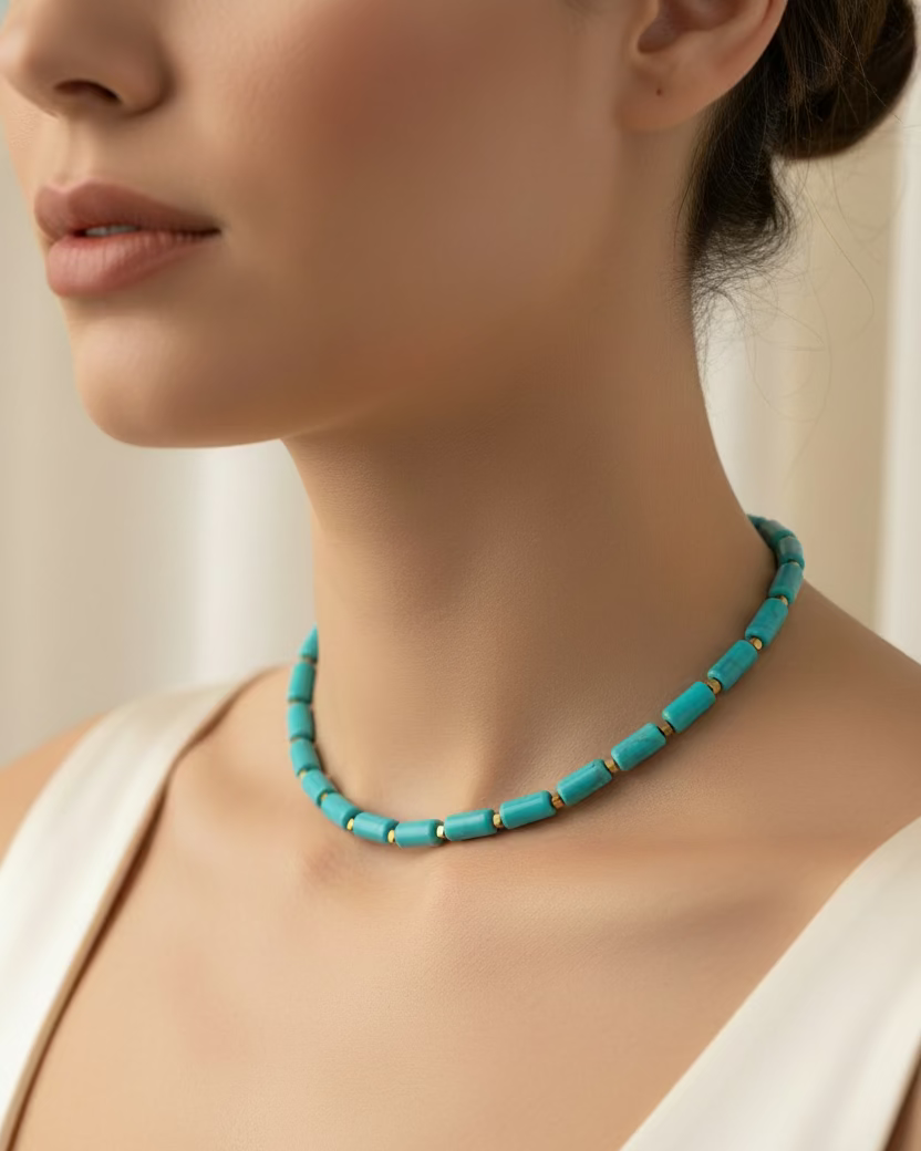 Blue Cylindrical Howlite Choker with Geometric Gold-Tone Stainless Steel Accents – Handmade Gemstone Jewelry