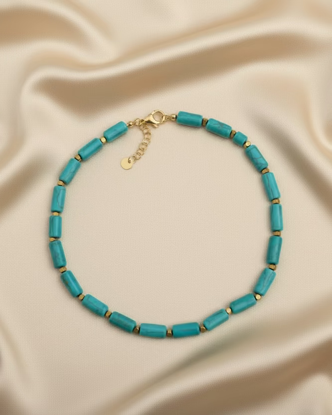 Blue Cylindrical Howlite Choker with Geometric Gold-Tone Stainless Steel Accents – Handmade Gemstone Jewelry