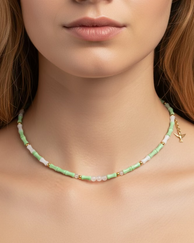 White & Green Mother-of-Pearl Choker with Pink Quartz Beads – Gold-Tone Stainless Steel, Handmade Gemstone Jewelry