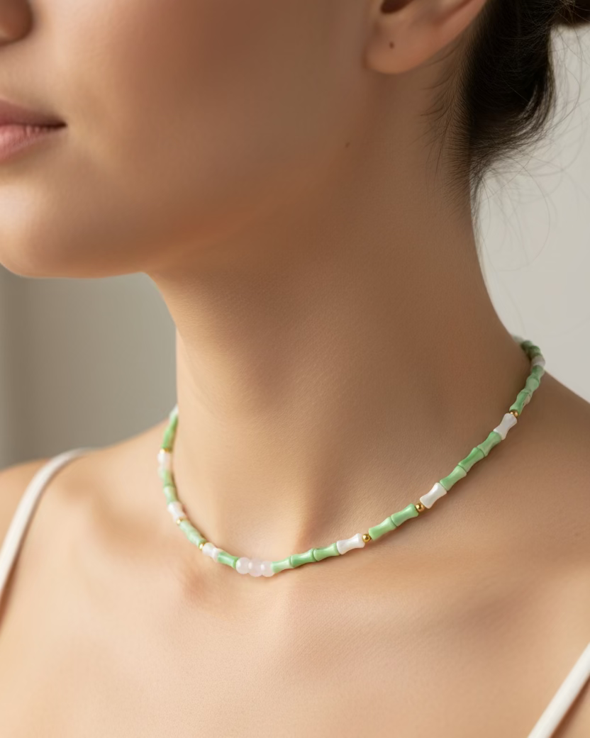 White & Green Mother-of-Pearl Choker with Pink Quartz Beads – Gold-Tone Stainless Steel, Handmade Gemstone Jewelry