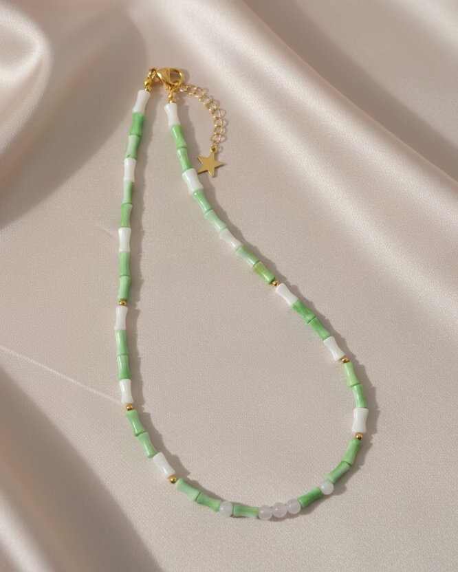 White & Green Mother-of-Pearl Choker with Pink Quartz Beads – Gold-Tone Stainless Steel, Handmade Gemstone Jewelry