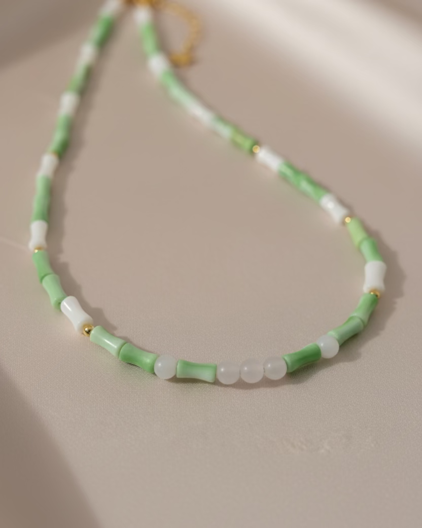 White & Green Mother-of-Pearl Choker with Pink Quartz Beads – Gold-Tone Stainless Steel, Handmade Gemstone Jewelry