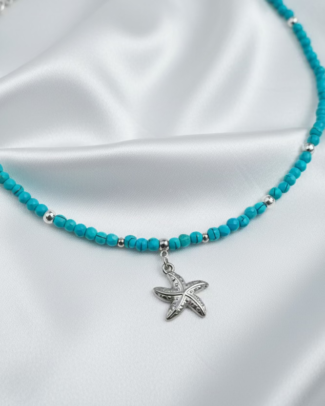 Blue Howlite Choker with Stainless Steel Starfish Pendant – Handmade Natural Stone Jewelry