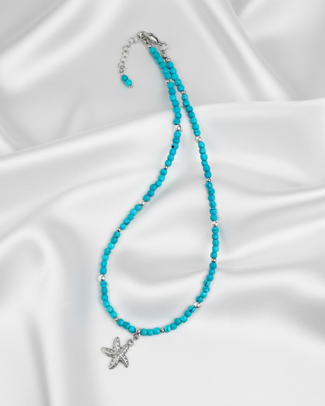 Blue Howlite Choker with Stainless Steel Starfish Pendant – Handmade Natural Stone Jewelry
