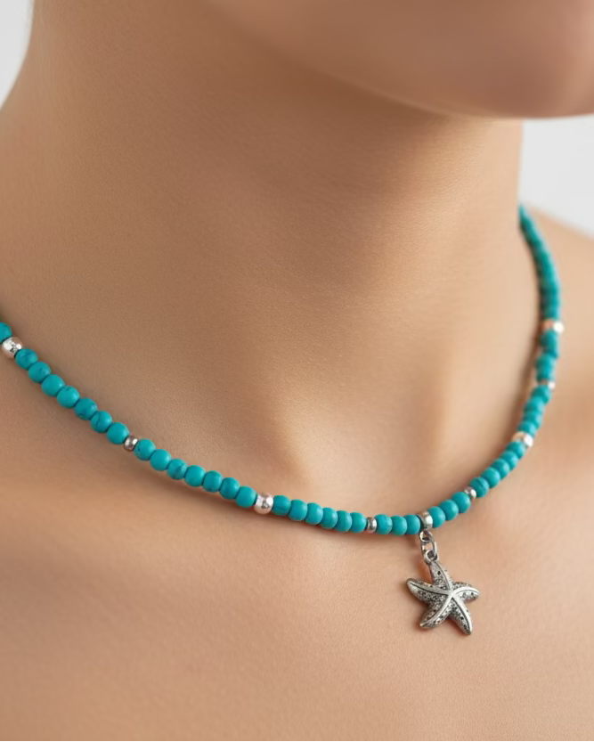Blue Howlite Choker with Stainless Steel Starfish Pendant – Handmade Natural Stone Jewelry
