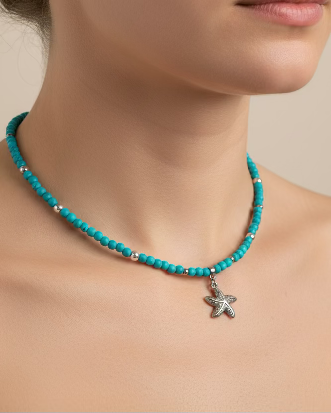 Blue Howlite Choker with Stainless Steel Starfish Pendant – Handmade Natural Stone Jewelry