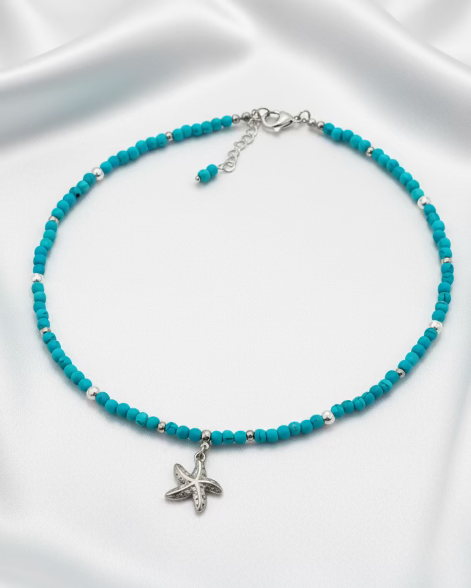 Blue Howlite Choker with Stainless Steel Starfish Pendant – Handmade Natural Stone Jewelry