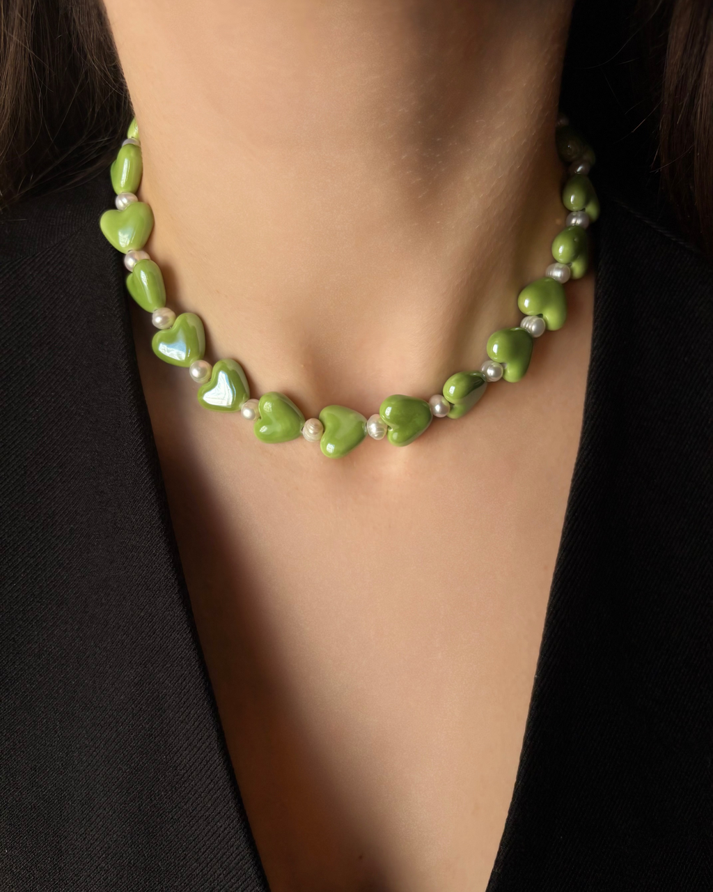 Ceramic Heart Choker and Earrings with Natural Pearl