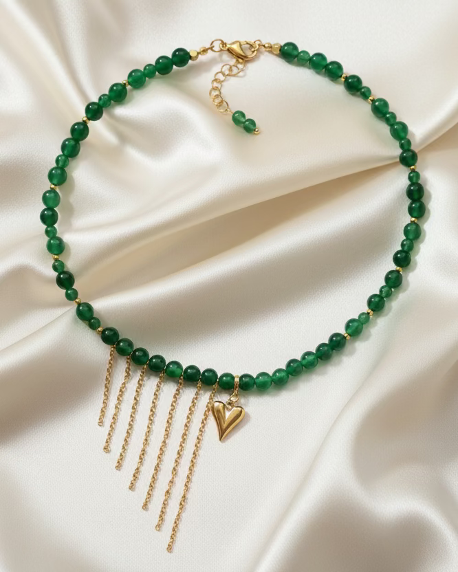 Handcrafted Green Chalcedony Choker with Dainty Gold Asymmetric Chains & Heart Pendant