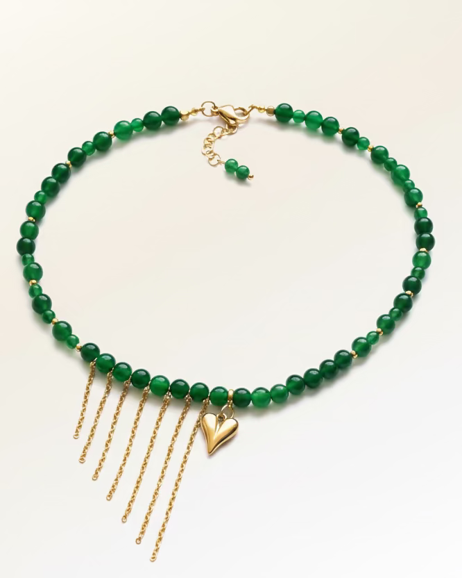 Handcrafted Green Chalcedony Choker with Dainty Gold Asymmetric Chains & Heart Pendant