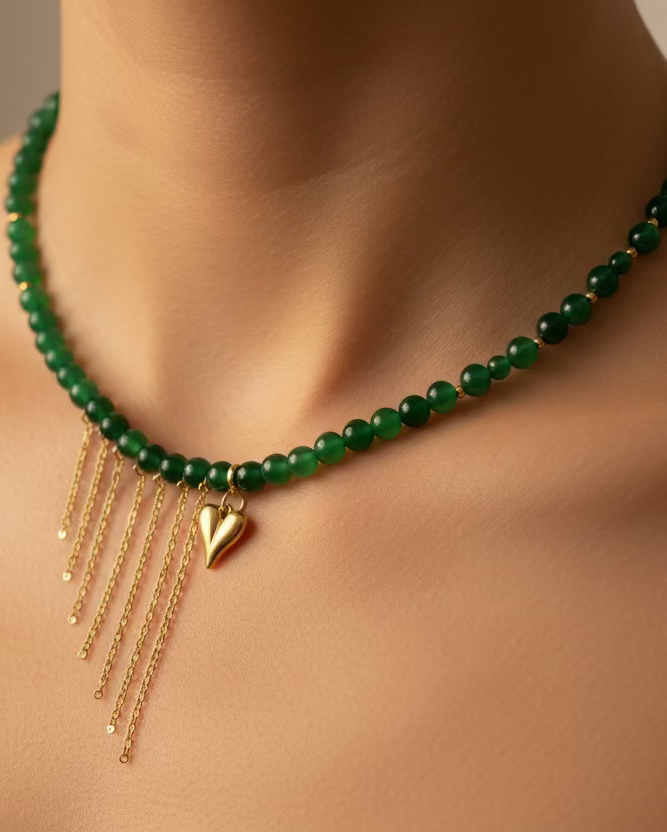 Handcrafted Green Chalcedony Choker with Dainty Gold Asymmetric Chains & Heart Pendant