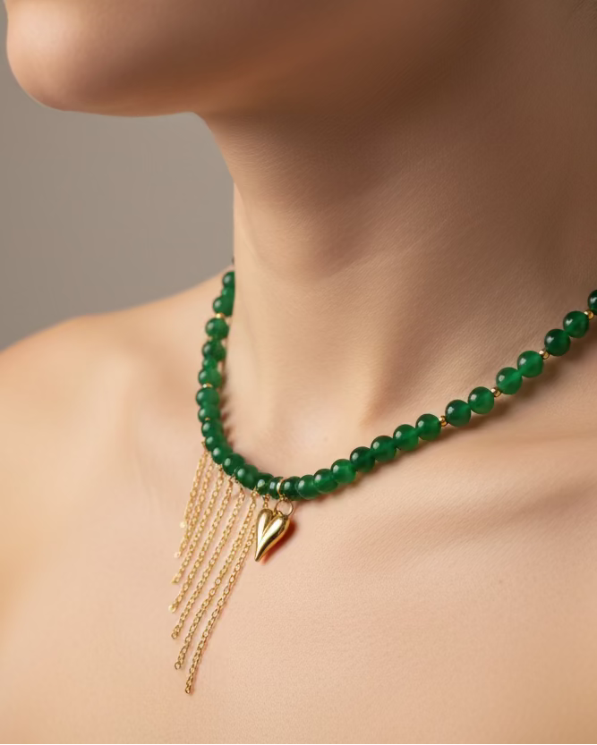 Handcrafted Green Chalcedony Choker with Dainty Gold Asymmetric Chains & Heart Pendant