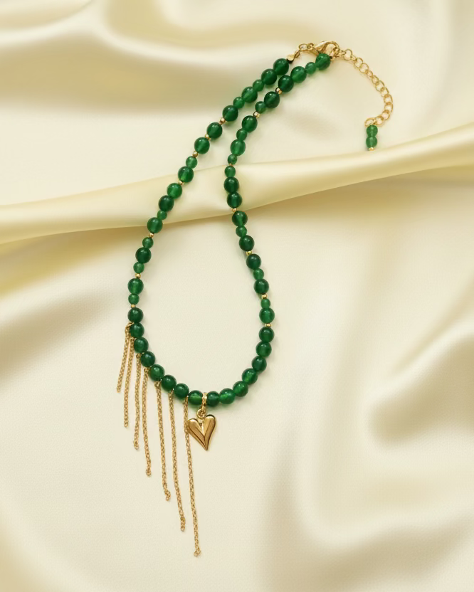 Handcrafted Green Chalcedony Choker with Dainty Gold Asymmetric Chains & Heart Pendant